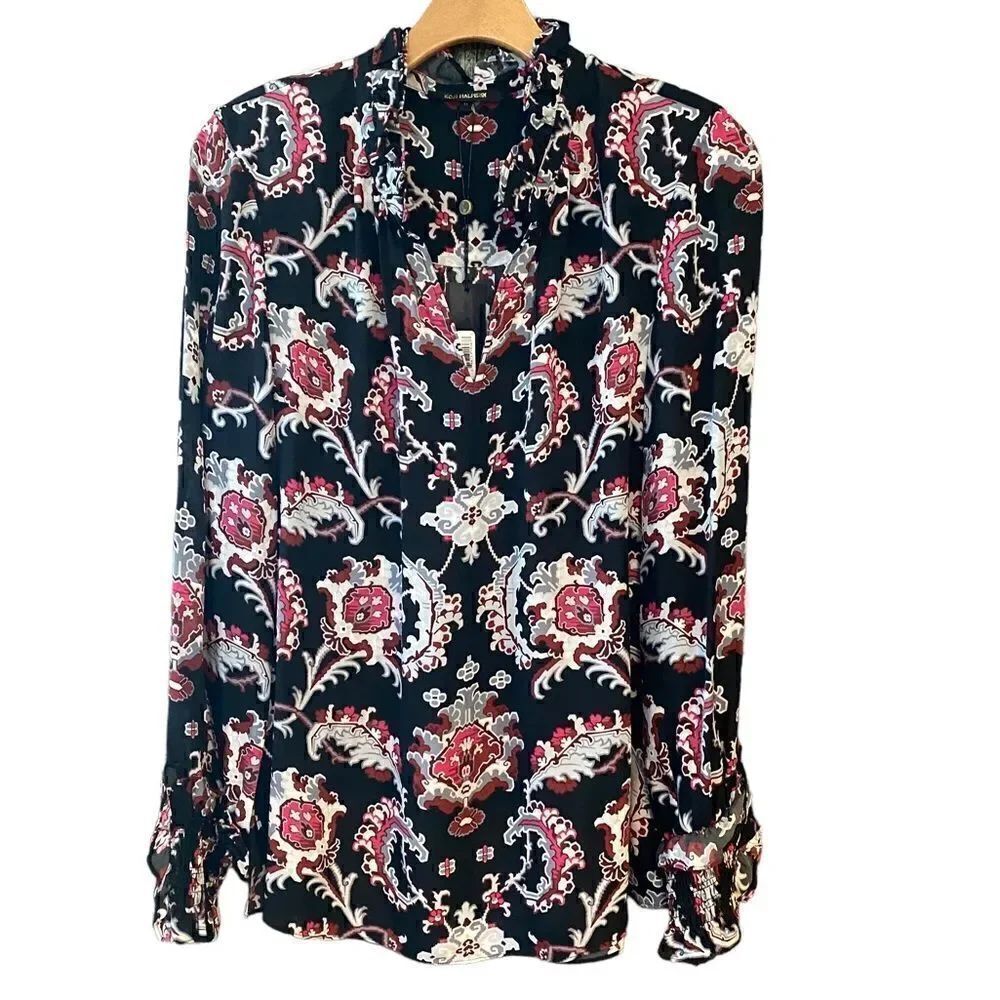Kobi Halperin Sz M NWT Black Red Levi Ruffle Smocked Cuff Flowy 100% Silk Blouse